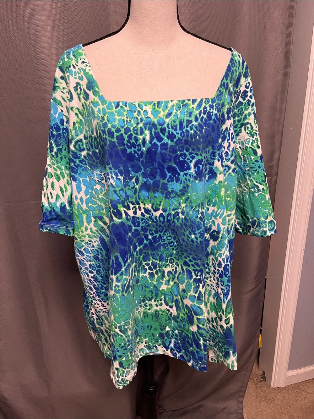 Jessica London Blue & Green Square Neck Printed Tunic Top